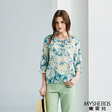 【MYSHEROS 蜜雪兒】清新滿版碎花荷葉邊下擺縮口袖造型上衣-藍