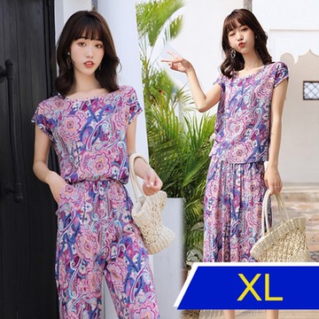 [韓國K.W.]渡假出遊清涼感爽棉麻套裝(涼感/二件套/輕薄/短袖)