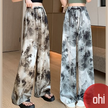 【ohi】夏薄款冰絲闊腿裤 新款韓版韓系女裝 褲子 水墨雪紡印花防曬褲 女裝 GPN9394