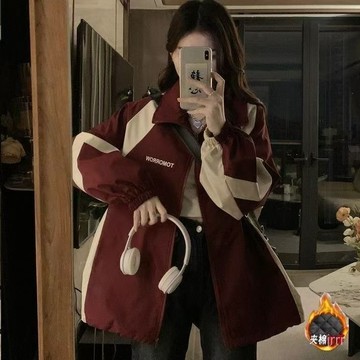 安可拉紅衝鋒衣女秋冬棉服新款繡花寬鬆休閒新品感加絨棉服潮 防風衝鋒衣 秋冬外套女 棒球服夾克 夾克外套 寬鬆休閒外套