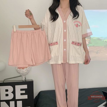 短袖長褲睡衣女夏季網紅寬松大碼休閑簡約短褲三件套可外穿家居服