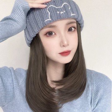 秋 冬季 一體假髮帽子 小熊針織帽 鎖骨發 韓版 女 時尚 潮流 百搭 網紅 假髮帽