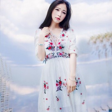 連衣裙波西米亞長裙-優雅繡花性感低胸女裙子73mw12【獨家進口】【米蘭精品】