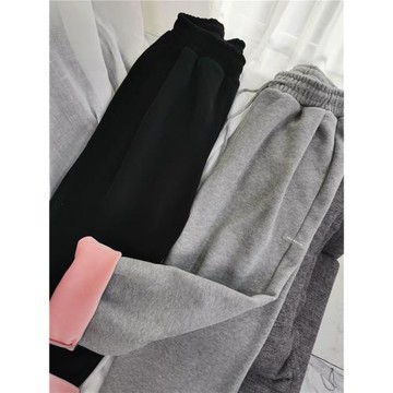 美式高街寬松加絨運動褲女秋冬顯瘦松緊腰束腳褲灰色百搭街舞衛褲