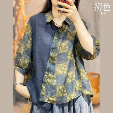 初色 翻領不規則印花拼接五分短袖襯衫上衣T恤-共2色-30145(M-2XL可選)