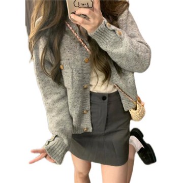 早秋季2024新款灰色慵懶風寬松復古高級感軟糯針織毛衣開衫外套女