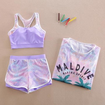 女童泳衣分體三件套2022中大童平角褲兒童游泳衣女孩泳裝12-15歲