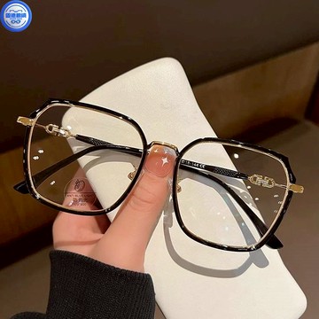 近視眼鏡 有度數眼鏡 眼鏡女 女生眼鏡 多邊形近視眼鏡女大臉透明素顔黑色鏡架男閃亮邊顯臉小濾藍光眼鏡