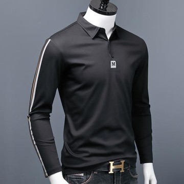翻領長袖t恤男潮牌秋季薄款純棉時尚線條紋修身絲光棉帶領polo衫