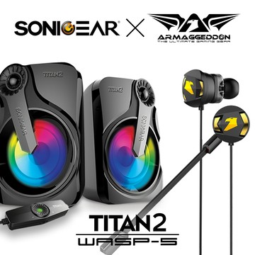 SonicGear TITAN 2 炫彩USB 2.0多媒體音箱 + WASP5勁蜂5號 雙動圈電競耳機麥克風(可拆式)