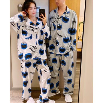 春秋男女士長袖情侶睡衣純棉卡通芝麻街開衫家居服大碼200斤套裝
