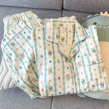 藍色小熊純棉紗帶胸墊睡衣女云朵棉加大碼200斤春秋款長袖家居服