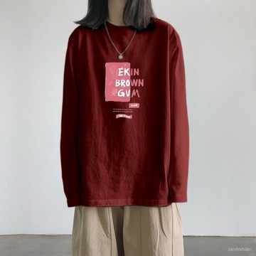 【台灣出貨】韓版長袖上衣女 棉t 大尺碼上衣 中長款長袖上衣 印花t恤女 寬鬆上衣 顯瘦遮肉 內搭打底 薄長袖 秋冬上衣