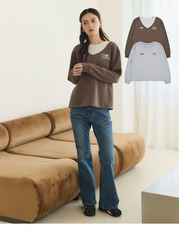 笑臉失焦假兩件圓領長T(麻灰)-女【氧氣棉】