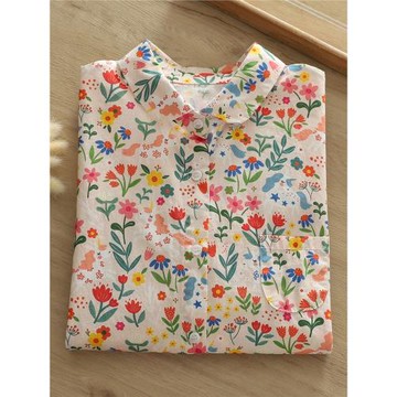 春季新款韓版浮夸滿身小花印花純棉襯衫女長袖寬松大版甜美襯衣