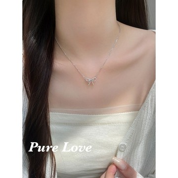 Pure Love樂芙 /正韓 鈦鋼【316L醫療鋼】G01121鋯石微鑲雙層蝴蝶結鎖骨鏈 短項鏈 / 銀