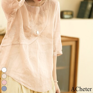 【ACheter】清涼圓領文藝棉麻感刺繡七分袖寬鬆短版上衣# 118453 (現貨+預購)