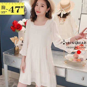 甜美方型領喇叭袖蛋糕裙襬露背綁帶兩件式長版上衣(紅.杏L-3L) 眼圈熊 中大尺碼 U557