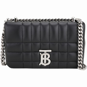 BURBERRY 巴寶莉 Lola TB字母絎縫羔羊皮翻蓋迷你斜背包(銀/黑色)