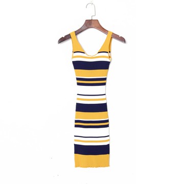 春季女裝歐美風撞色條紋圓領無袖緊身彈力修身顯瘦針織背心裙