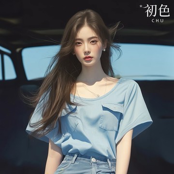 初色 寬鬆顯瘦純色圓領短袖T恤襯衫上衣女上衣-藍色-36373(M-XL可選)