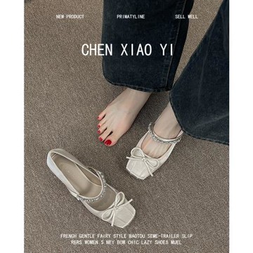 羊皮版！水鉆蝴蝶結法式瑪麗珍單鞋女春秋復古方頭中跟粗跟高跟鞋