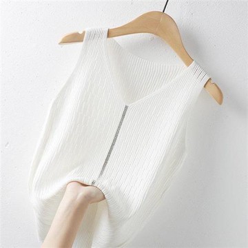 【米蘭精品】現貨+預購 針織背心無袖T恤-冰絲燙鑽純色V領女上衣3色74kx45