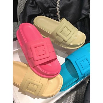 細細條 網紅時尚休閑百搭方扣拖鞋女夏季外穿松糕厚底一字拖沙灘