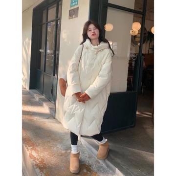 米白色菱格羽絨服女中長款2025冬季新款韓系減齡加厚90白鴨絨外套