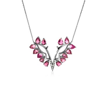 蝴蝶粉碧璽 14k金鑽石項鍊 誕生石錦簇水滴吊墜 翅膀梨形炫黑墜子