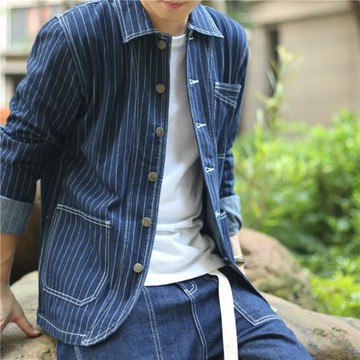 美式西裝牛仔外套男秋 復古條紋vintage疊穿上衣修身工裝獵裝夾克