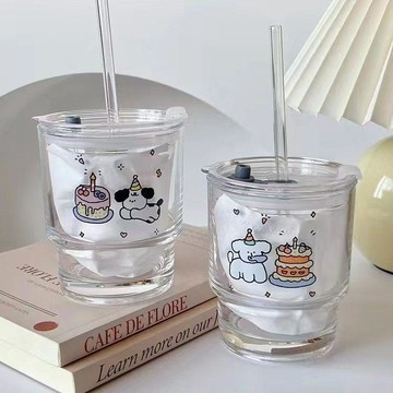 🍀臺灣出貨🍀日韓ins玻璃吸管杯子蛋糕小狗水杯學生喝水杯子玻璃杯