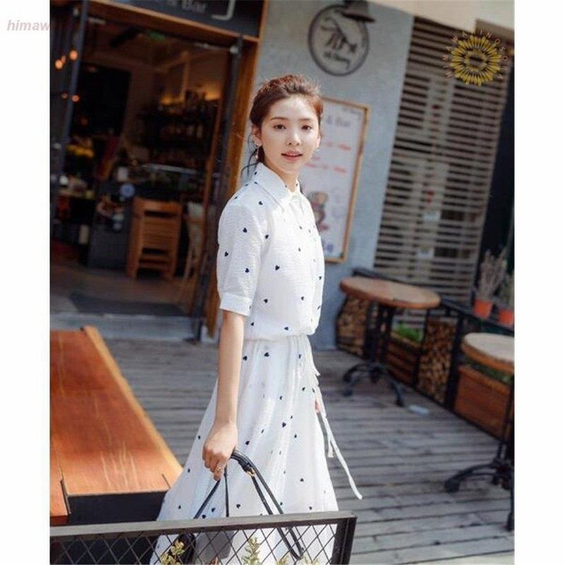 夏 白ワンピース 韓国ファション 韓国風 袖デザイン 半袖 襟付き スプライス ハート柄 おしゃれワンピース 膝丈 韓国ワンピース 通販 Lineポイント最大0 5 Get Lineショッピング