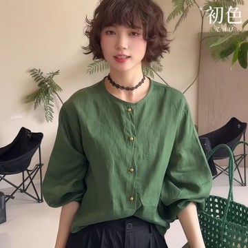 初色 韓風氣質休閒簡約純色單排釦圓領長袖襯衫上衣女上衣-綠色-15881(M-XL可選)