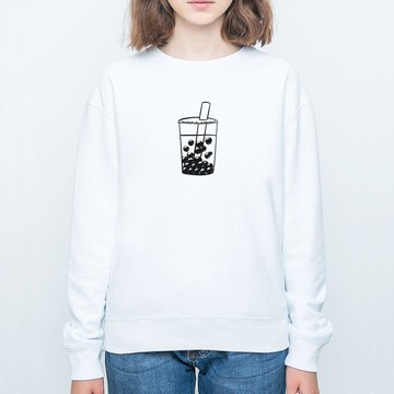 Bubble Tea 大學T 刷毛 中性 白色 男女裝珍珠奶茶飲料清新秋冬