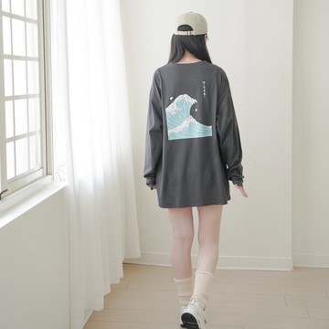 麻糬兔上山下海-雙面設計薄長袖over size(灰黑)