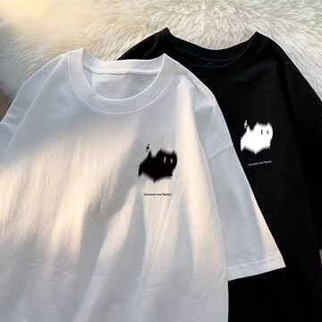 【桃園出貨免運】短袖T恤韓版短t驚嚇貓咪印花oversize短袖大碼白色T恤港風t恤正韓t 韓係上衣潮牌