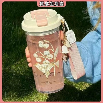 鈴蘭花水杯 女生高顏值吸管隨行塑料杯子高級感輕奢 外出水杯 戶外水杯 吸管杯子 吸管水杯 質感水壺 1000ml 水杯