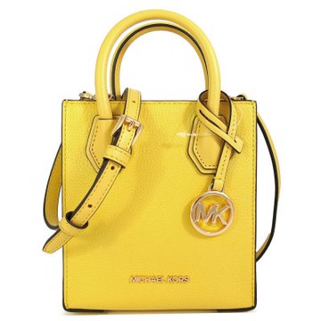 MICHAEL KORS Mercer 金字大圓標水仙黃色荔枝紋皮革迷你琴譜兩用包(新品瑕疵)