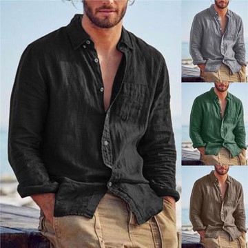 Men's casual shirt 純色休閑翻領開衫寬松休閑復古男士襯衫