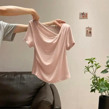 【JK極客】【人棉/200克】氣質蕩領夏季正肩顯瘦短袖不規則純欲風T恤