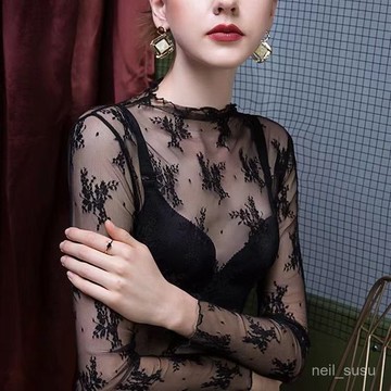 P3-【限時特賣】打底衫 雪紡衫 網紗上衣 夏天衣服 蕾絲打底衫女網紗超僊長袖初秋冬內搭小水玉點透視半高領薄上衣潮