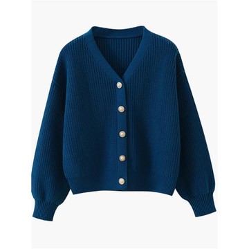 100%純棉毛衣開衫外套女秋冬短款燈籠袖寬松加厚外穿小香風針織衫