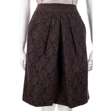 PHILOSOPHY 抓褶蕾絲拼接棉質混紡深咖啡色及膝裙