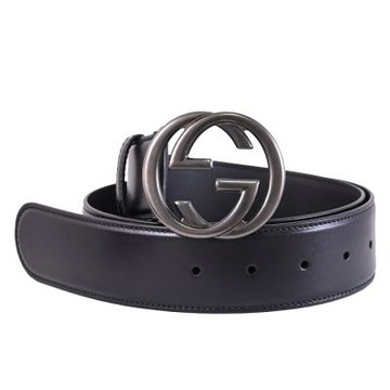 GUCCI Interlocking G 經典LOGO滑面皮革互扣式皮帶(黑)