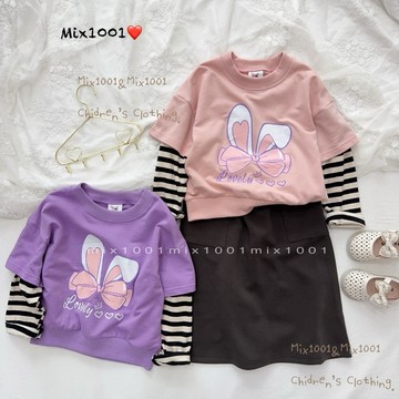 🌈✨mix1001 俏皮蝴蝶結兔寶寶耳朵接袖上衣✨兒童假兩件印兔耳朵上衣 5-17