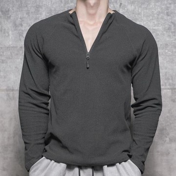 擼鐵狼雙面德絨男士長袖半拉鏈健身服運動跑步訓練緊身衣秋冬保暖