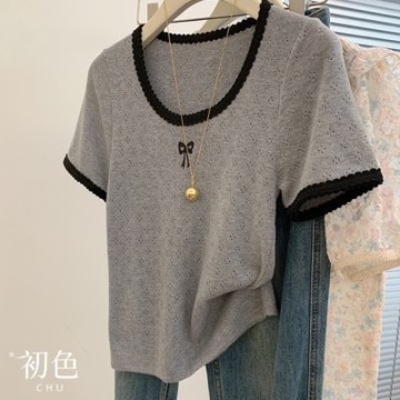 初色 簡約風撞色圓領低領口蝴蝶結短袖針織上衣女上衣-灰色-12846(F可選/現貨+預購)