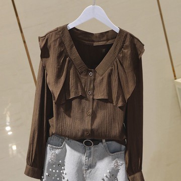 雪紡衫長袖咖啡色遮肉上衣女V領氣質百搭洋氣小衫春季新款【倪醬】