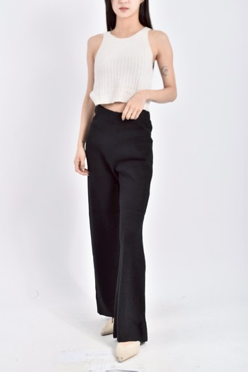 (S) 高腰質感針織鬆緊腰黑色長褲